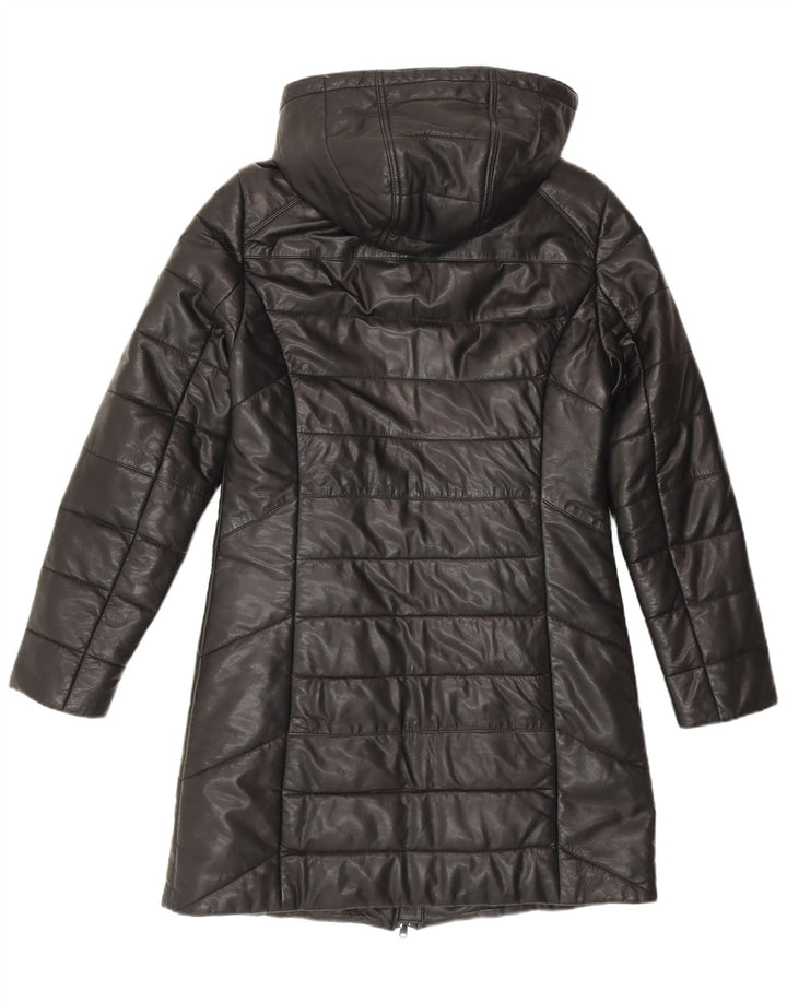 Maddox Manteau rembourré en cuir à capuche pour femme UK 12 Cuir noir moyen