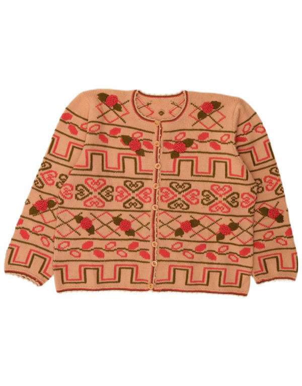 VINTAGE Femmes 3/4 Manches Cardigan Pull UK 18 XL Beige Fair Isle