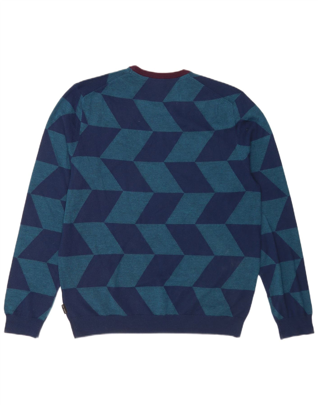 Ted Baker Pull ras du cou pour homme Taille 5 XL Bleu géométrique Laine