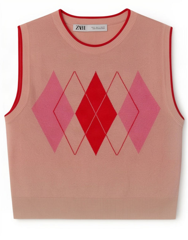 Zara Womens Crop Vest Débardeur UK 8 Petit Rose Argyle/Diamant Viscose