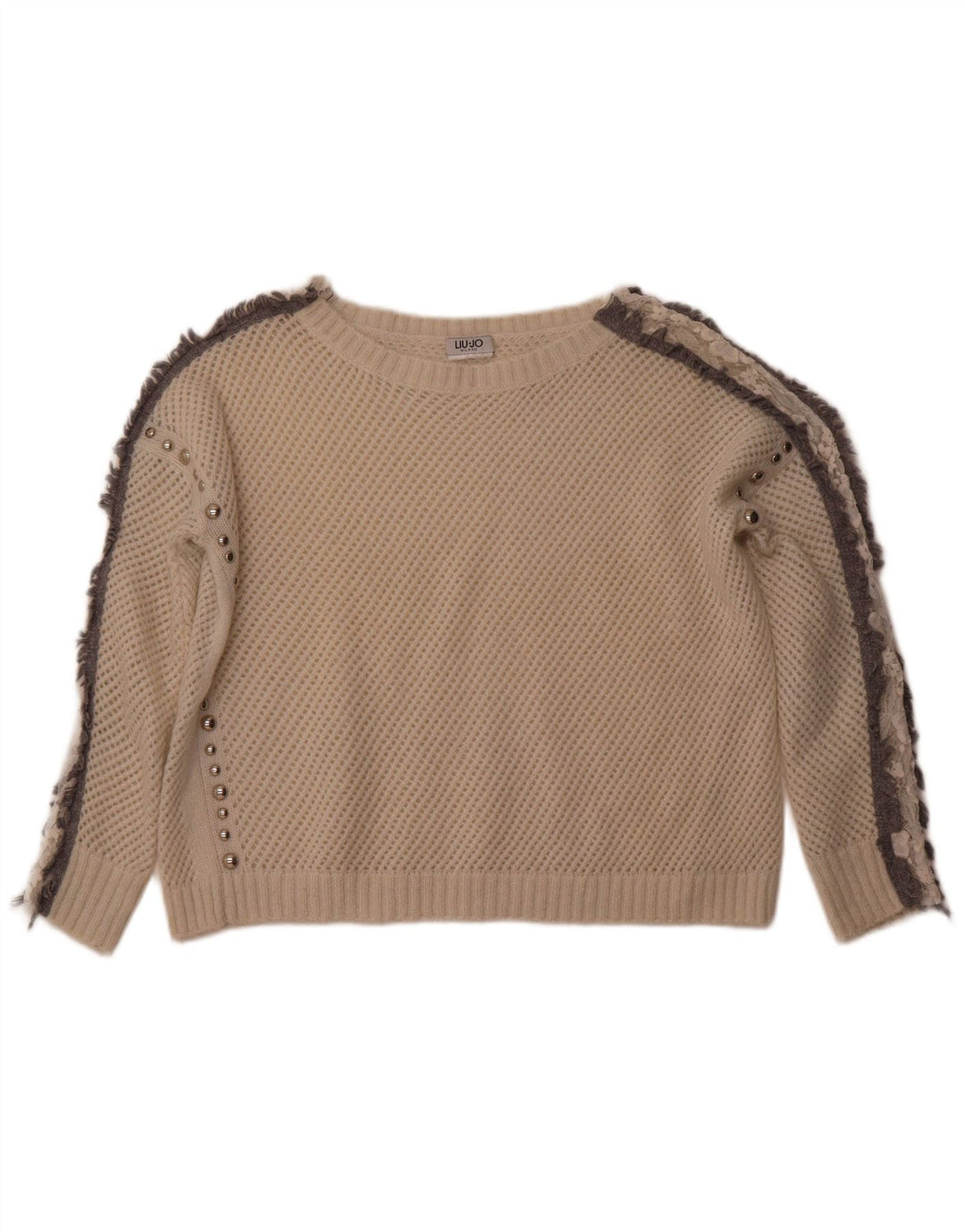 LIU JO Pull court à col bateau en crochet pour femme UK 12 Blanc moyen