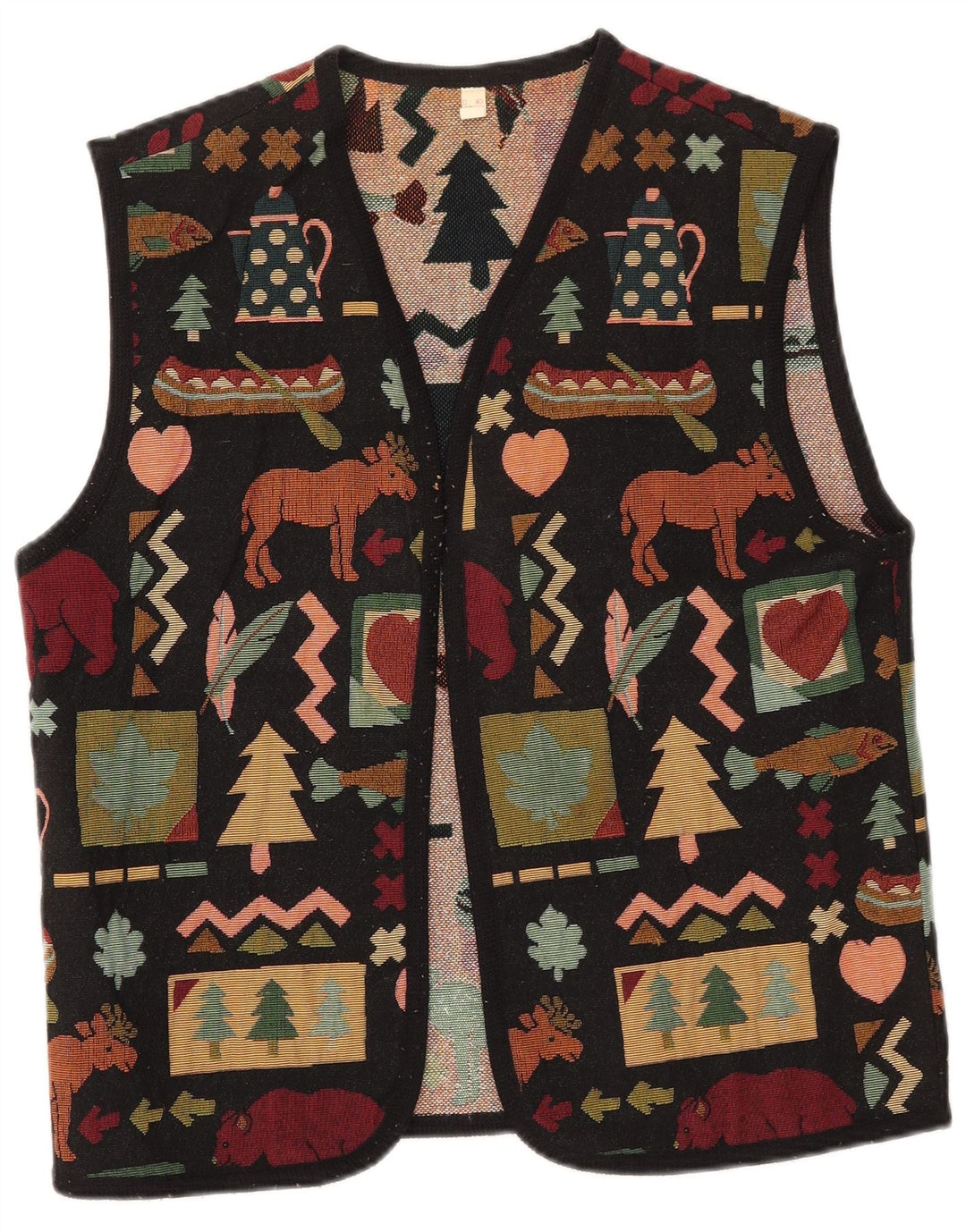 vintage Femmes OPEN Gilet UK 14 Grand Polyester Géométrique Noir