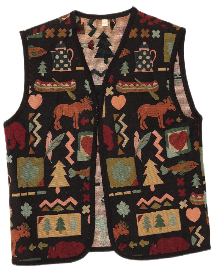 vintage Femmes OPEN Gilet UK 14 Grand Polyester Géométrique Noir