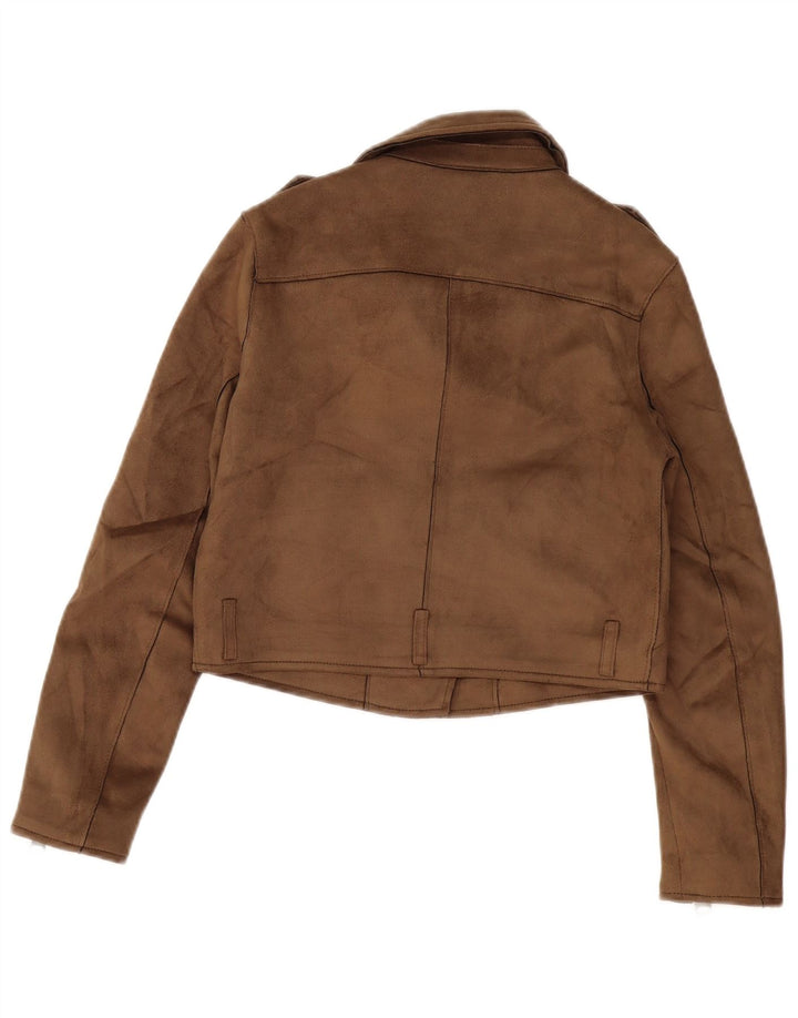 ZARA Veste de motard courte en simili cuir pour femme UK 10 Petit Marron Polyester