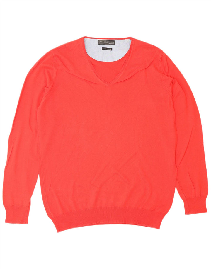 ZARA Pull col V pour homme en coton rouge Large