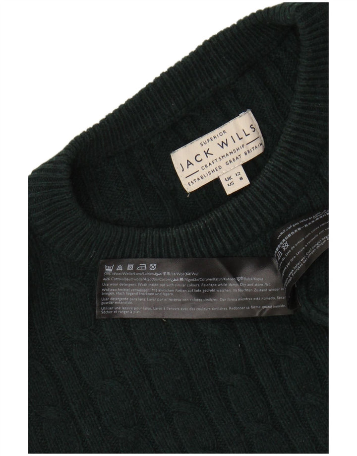 JACK WILLS Pull court à col rond pour femme UK 12 en laine vert moyen