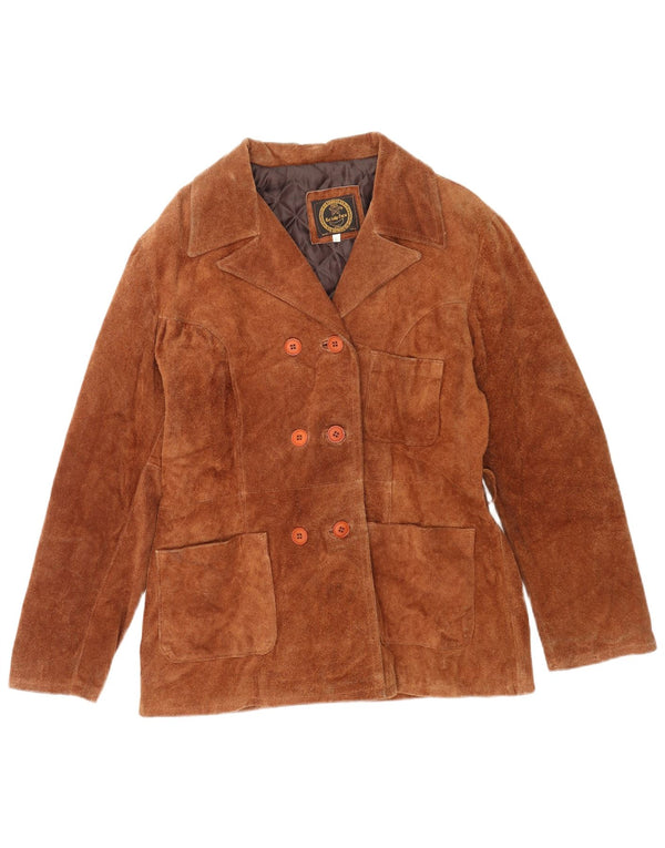 vintage Femme Daim Double Breasted Coat UK 16 Grand Cuir Marron