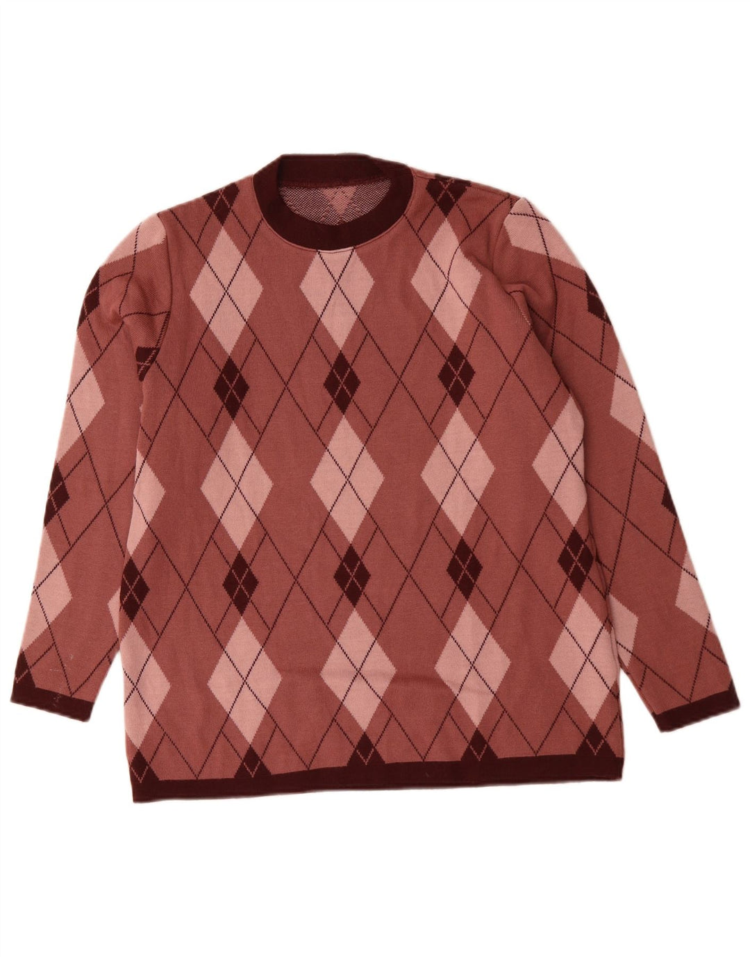 VINTAGE Femme Crew Neck Jumper Pull UK 16 Grand Rose Argyle/Diamant