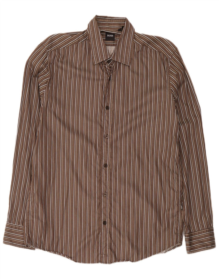 Hugo Boss Chemise en coton à fines rayures marron moyen