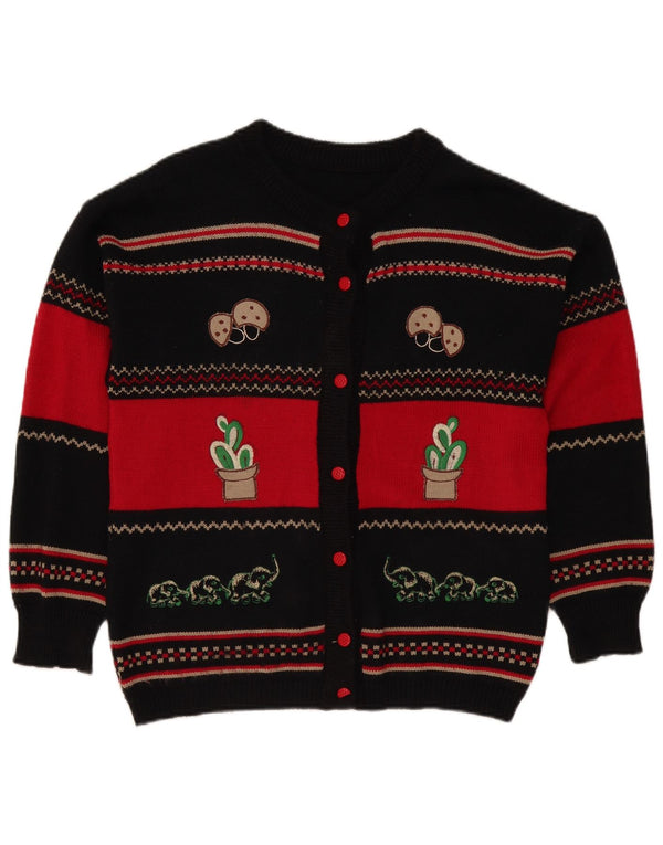 vintage Womens Graphic Cardigan Sweater UK 16 Grand Acrylique Rayé Noir