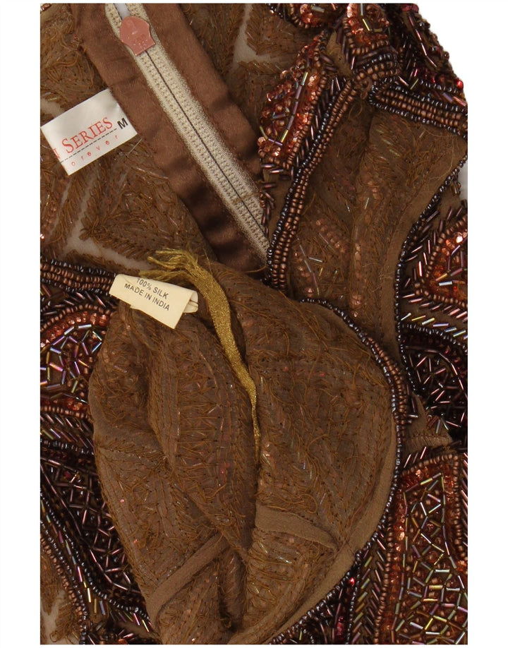 vintage Femmes Crop Sans Manches Blouse Top UK 12 Moyen Brun Patchwork Soie