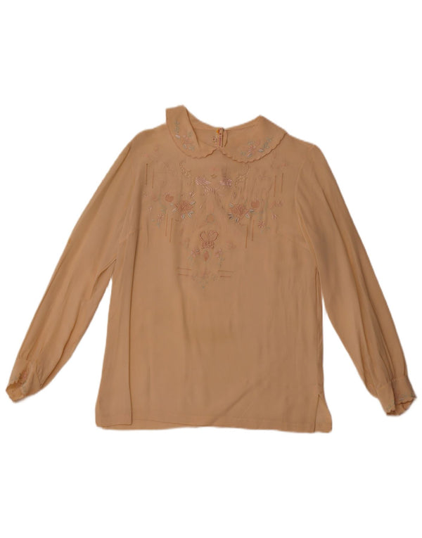 VINTAGE Femme Chemise à manches longues Blouse EU 36 Petite Soie Florale Beige