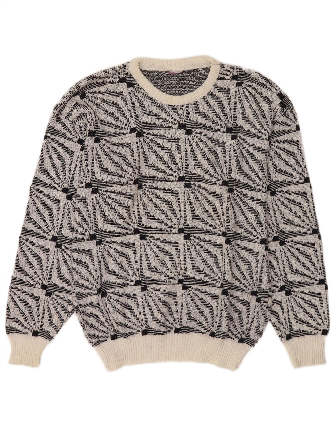 Vintage Mens Crew Neck Jumper Sweater Medium White Geometric