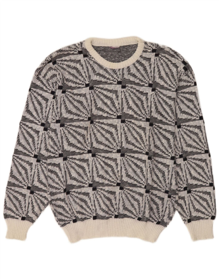 Vintage Mens Crew Neck Jumper Sweater Medium White Geometric