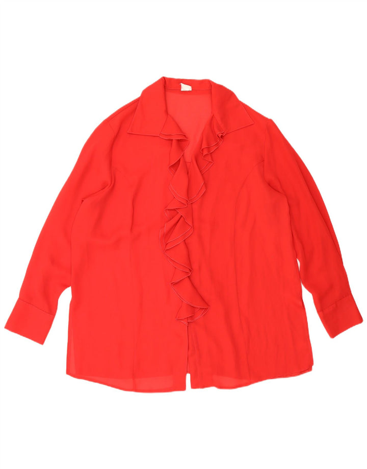 vintage Femmes Ruffle Front Shirt Blouse UK 18 XL Rouge Polyester