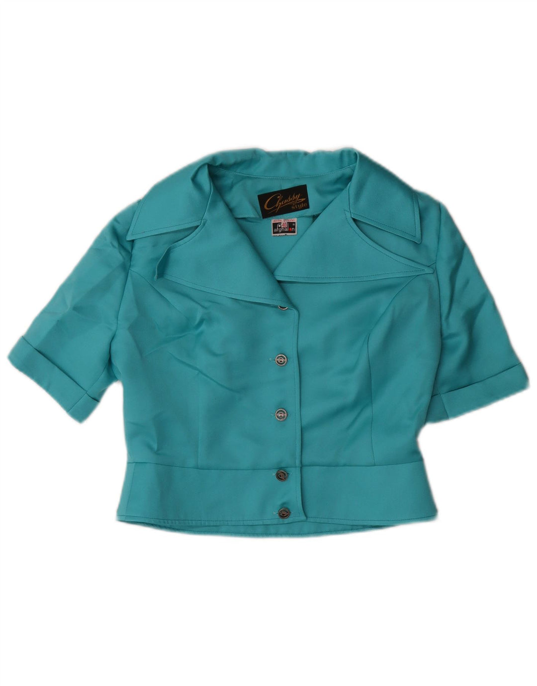VINTAGE Femmes Crop Chemise à manches courtes Blouse EU 40 Polyester Bleu Moyen