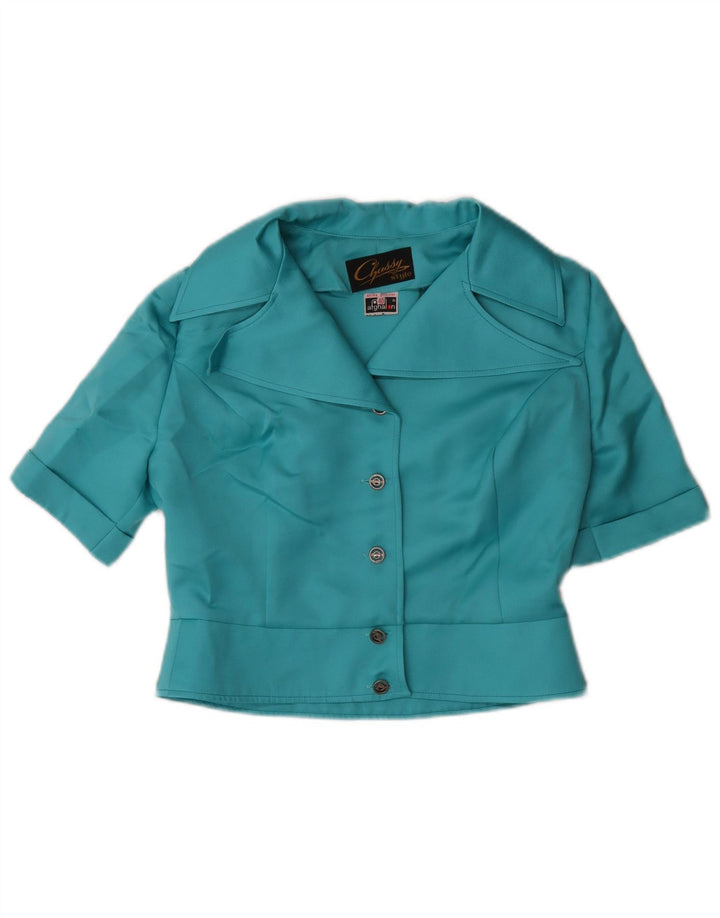 VINTAGE Femmes Crop Chemise à manches courtes Blouse EU 40 Polyester Bleu Moyen