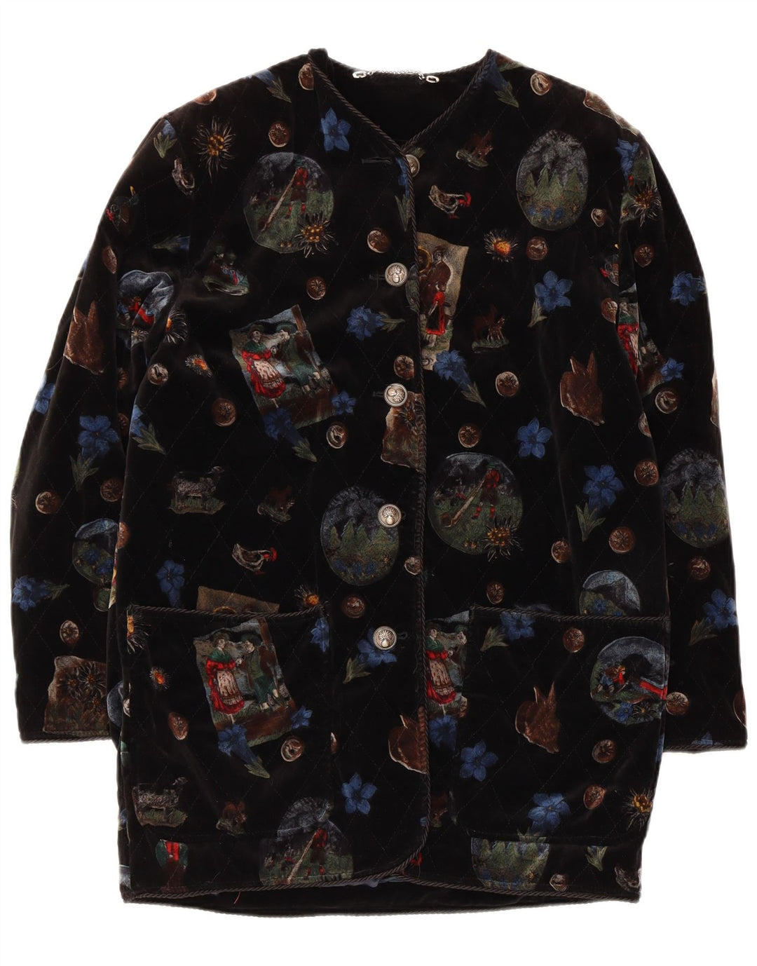 vintage Femmes Graphique Velours Pardessus UK 12 Moyen Noir Floral