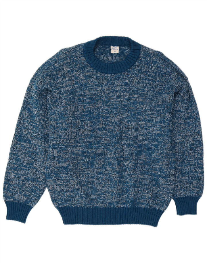 vintage Mens Crew Neck Jumper Pull IT 50 Bleu Moyen Moucheté