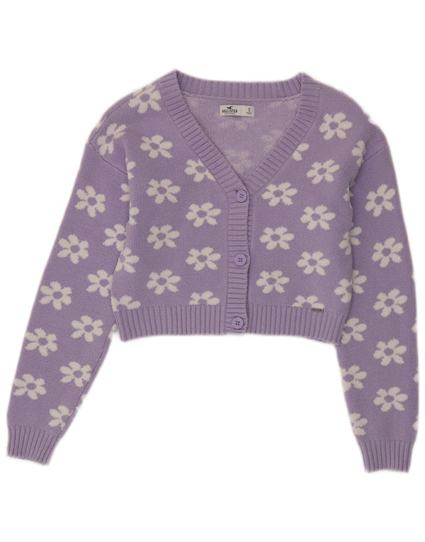 HOLLISTER Femmes Crop Cardigan Pull UK 10 Petit Violet Floral Coton