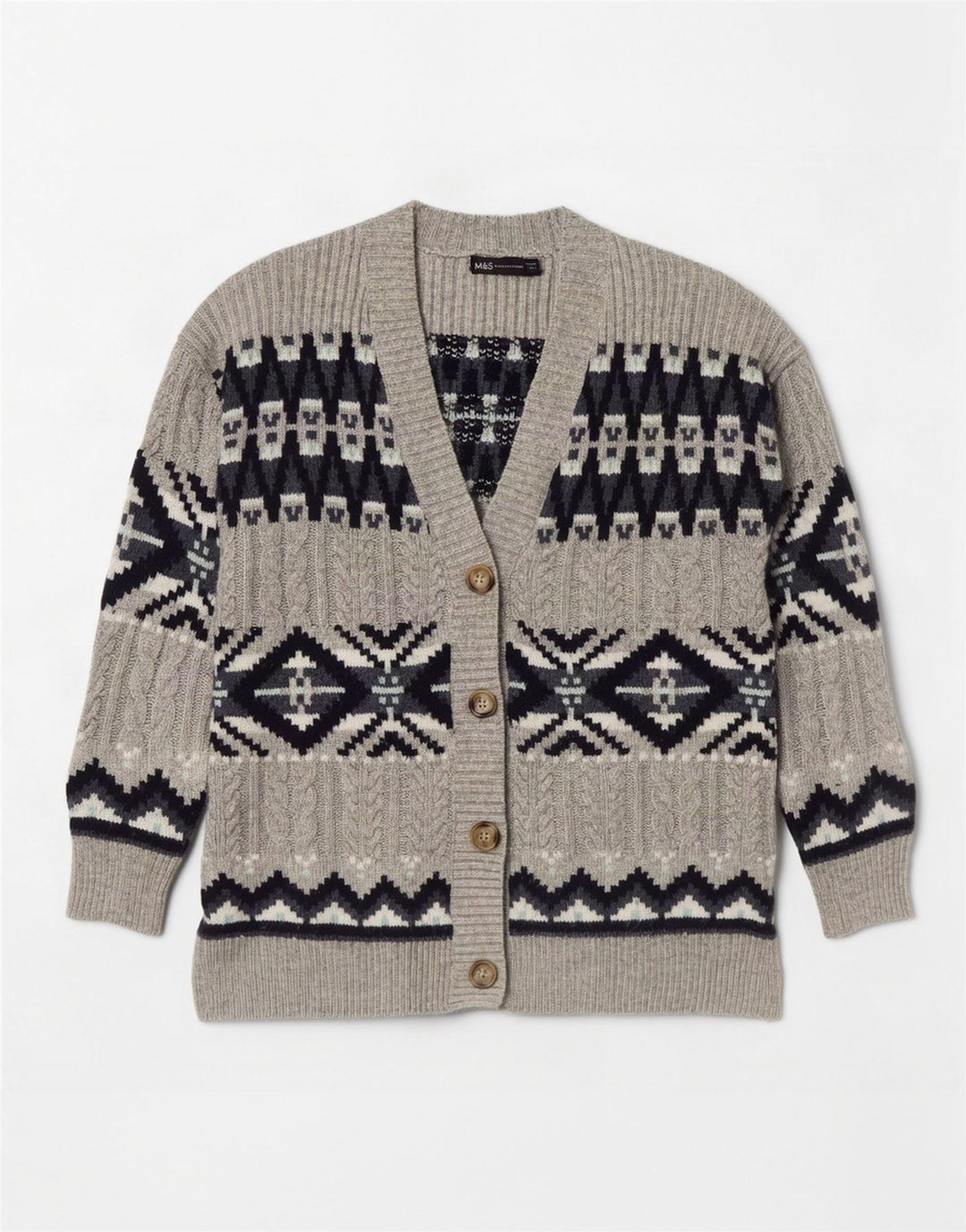 Marks & Spencer Pull Cardigan pour Femme UK 14 Gris Moyen Fair Isle