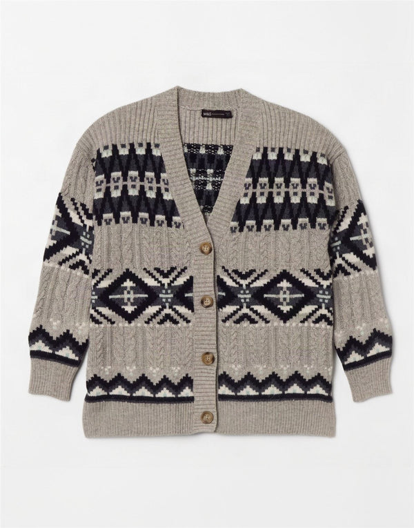 Marks & Spencer Pull Cardigan pour Femme UK 14 Gris Moyen Fair Isle