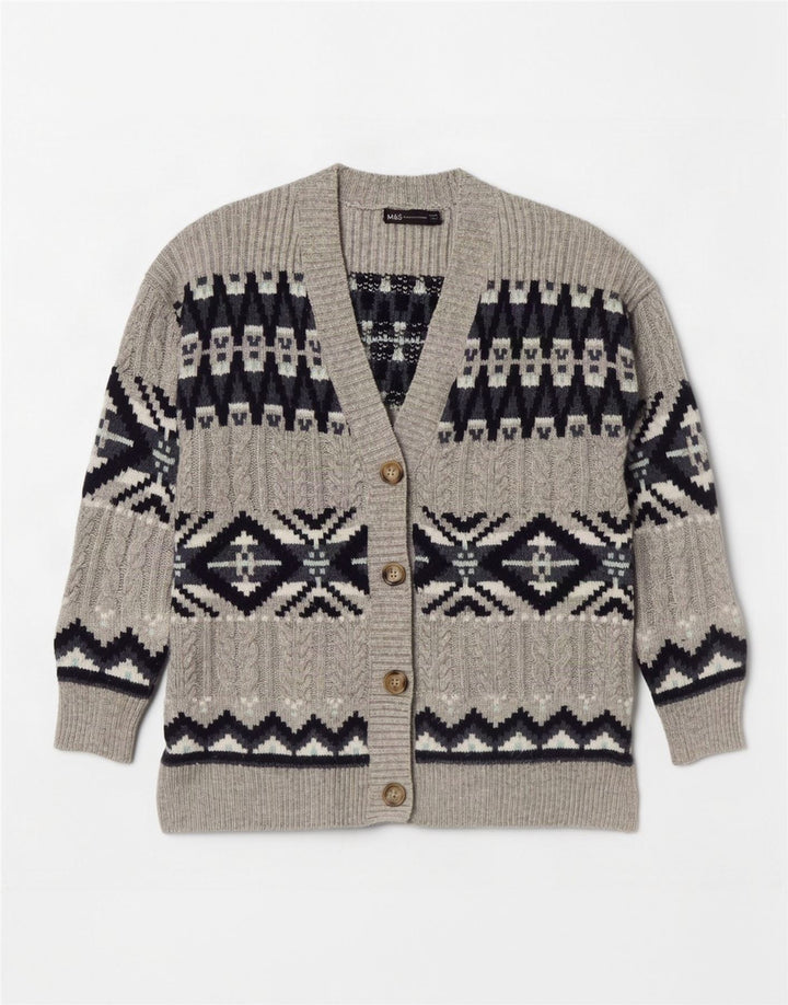 Marks & Spencer Pull Cardigan pour Femme UK 14 Gris Moyen Fair Isle
