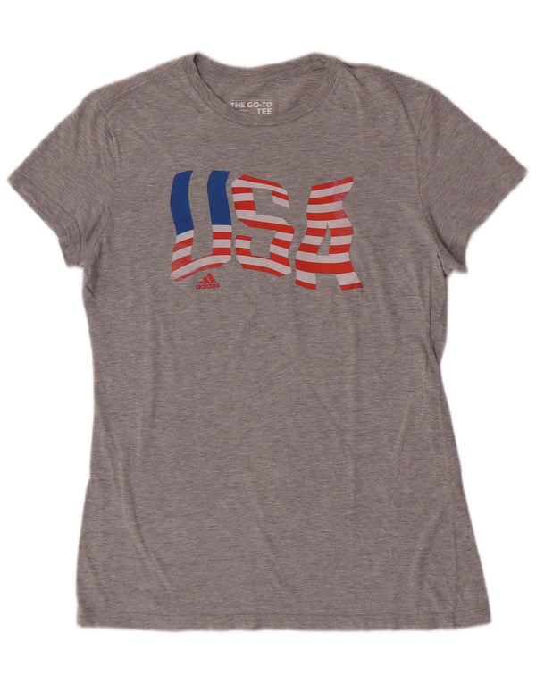Adidas Femmes USA Graphic T-Shirt Top UK 12 Gris Moyen Coton
