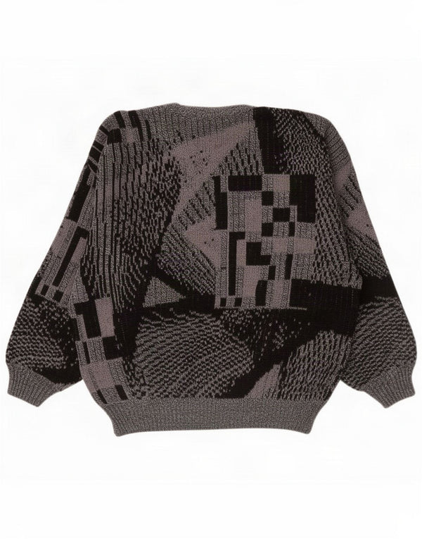 Vintage Mens Loose Fit Crew Neck Jumper Sweater Medium Grey Geometric