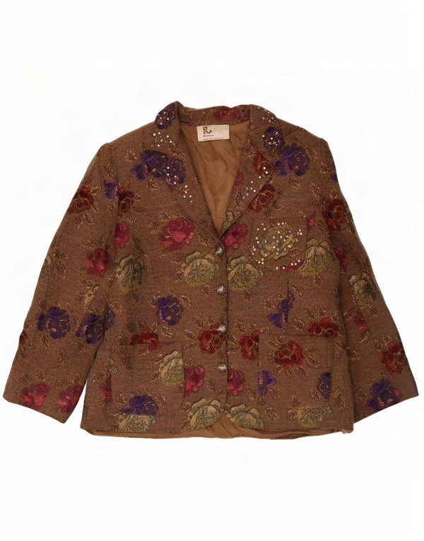 Romano Veste Blazer 4 Boutons Femme UK 16 Grand Marron Floral Acétate