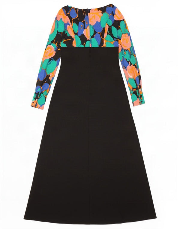 vintage Femmes Manches Longues Maxi Robe EU 36 Petit Noir Floral