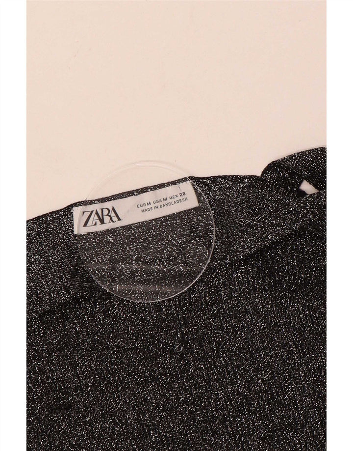 Zara Womens Crop Halter Top UK 12 Moyen Noir Moucheté