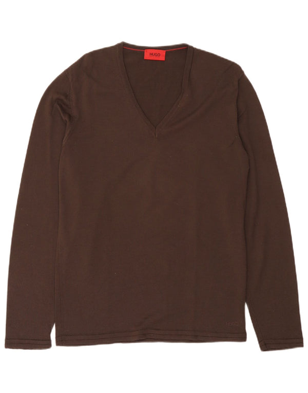 Hugo Boss Pull col en V pour femme UK 14 Large laine vierge marron
