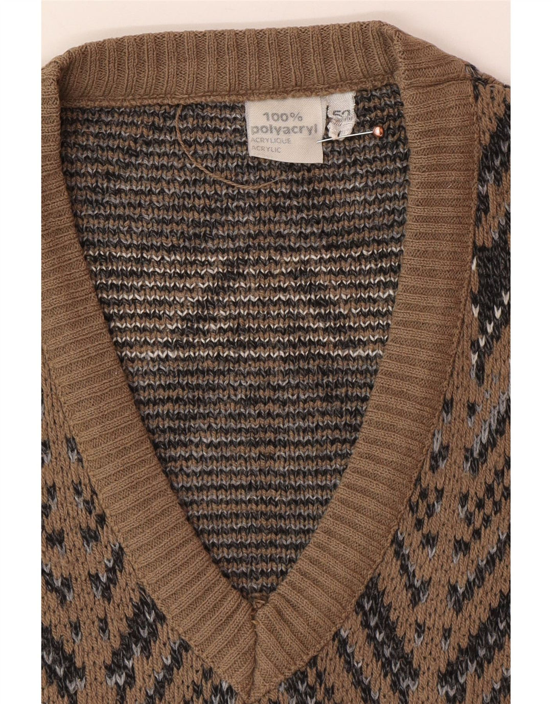 VINTAGE Débardeur Homme IT 52 Large Marron Fair Isle