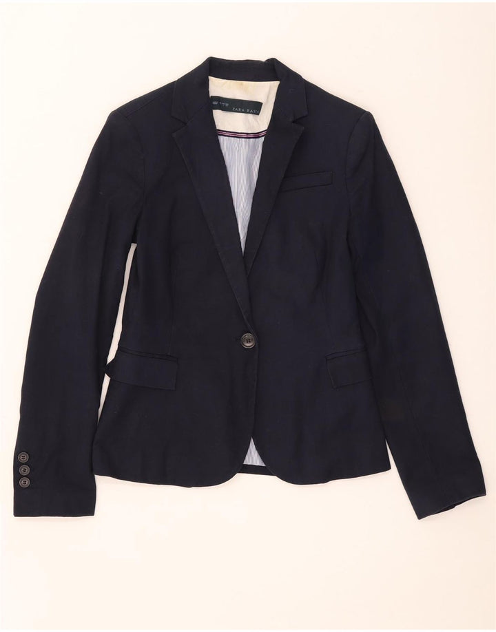Zara Womens 1 Button Blazer Jacket UK 8 Small Bleu Marine Coton