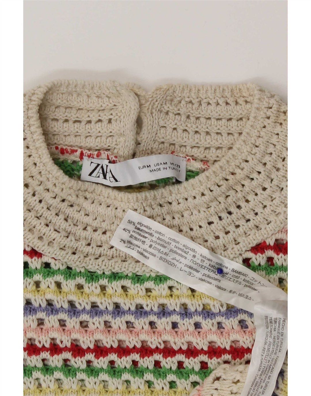 Zara Womens Crochet Crop Top UK 12 Medium Multicolore Rayé Coton