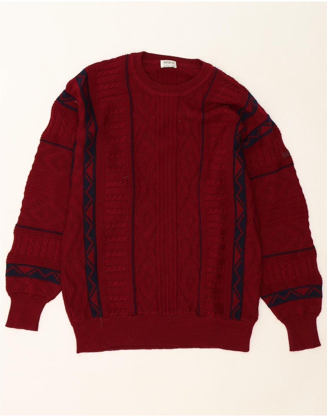 MARZ Mens Crew Neck Jumper Sweater Small Burgundy Geometric Wool Vintage Marz and Second-Hand Marz from Messina Hembry 