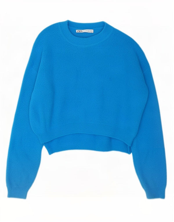 Zara Pull court surdimensionné à col rond pour femme UK 10 Petit nylon bleu