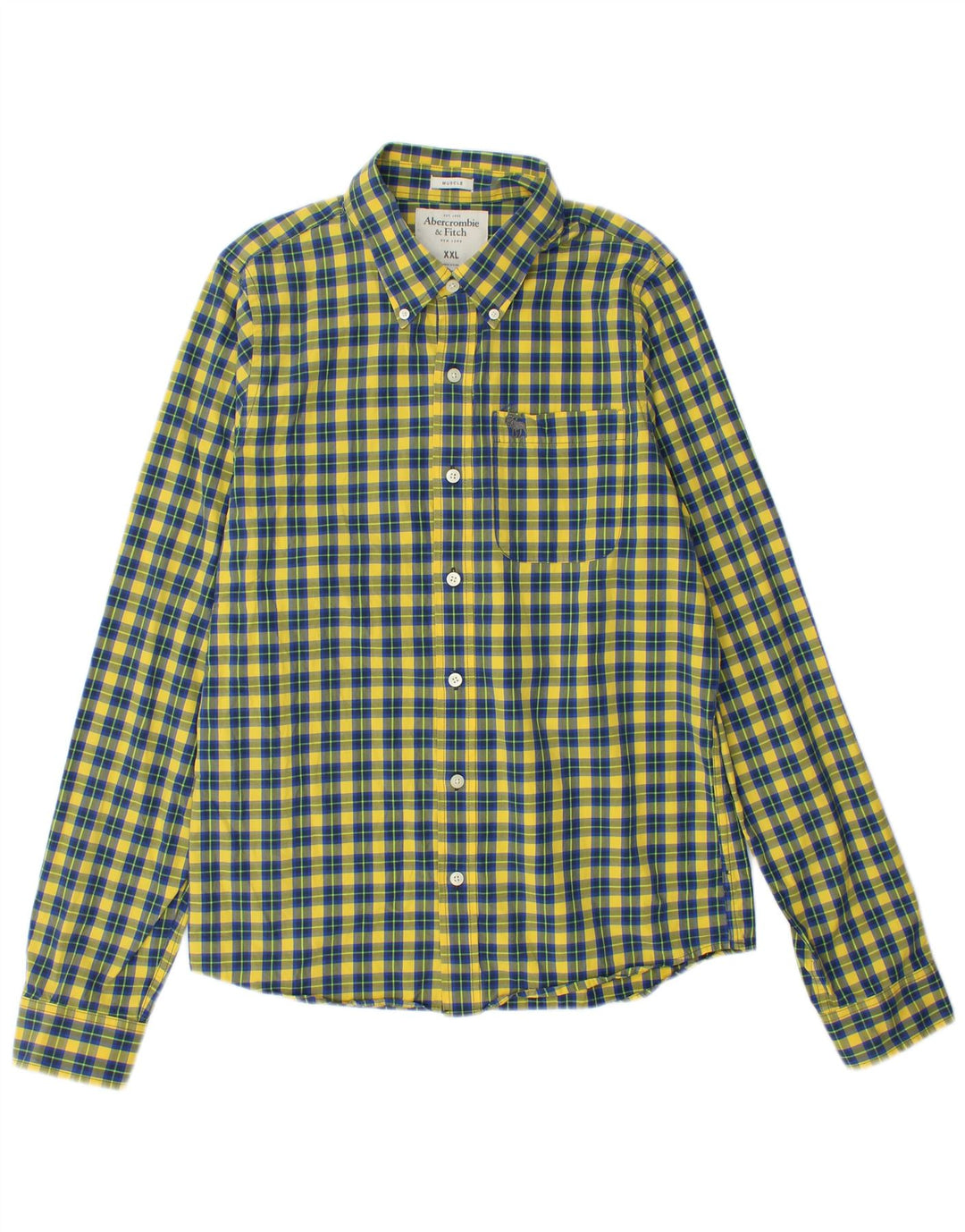ABERCROMBIE & FITCH Chemise musclée pour hommes 2XL Coton à carreaux jaune