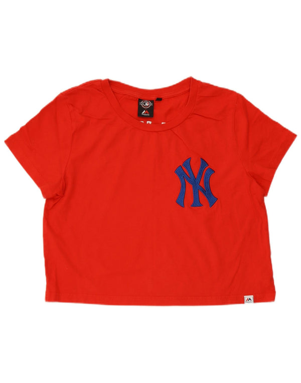 Majestic Womens New York Yankees Crop Graphic T-Shirt Top UK 14 Rouge Moyen