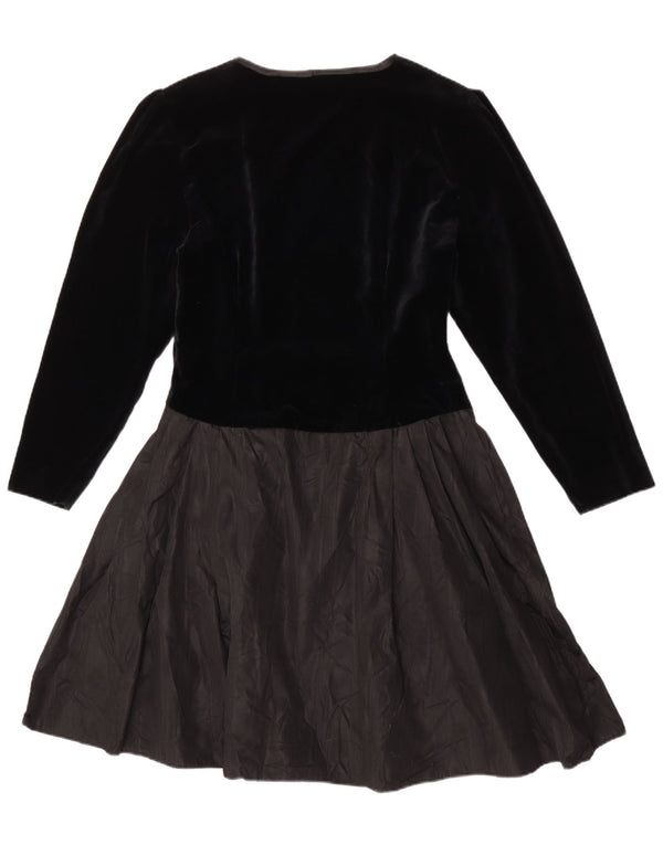 vintage Femme Manches Longues A-Line Robe UK 14 Moyen Noir