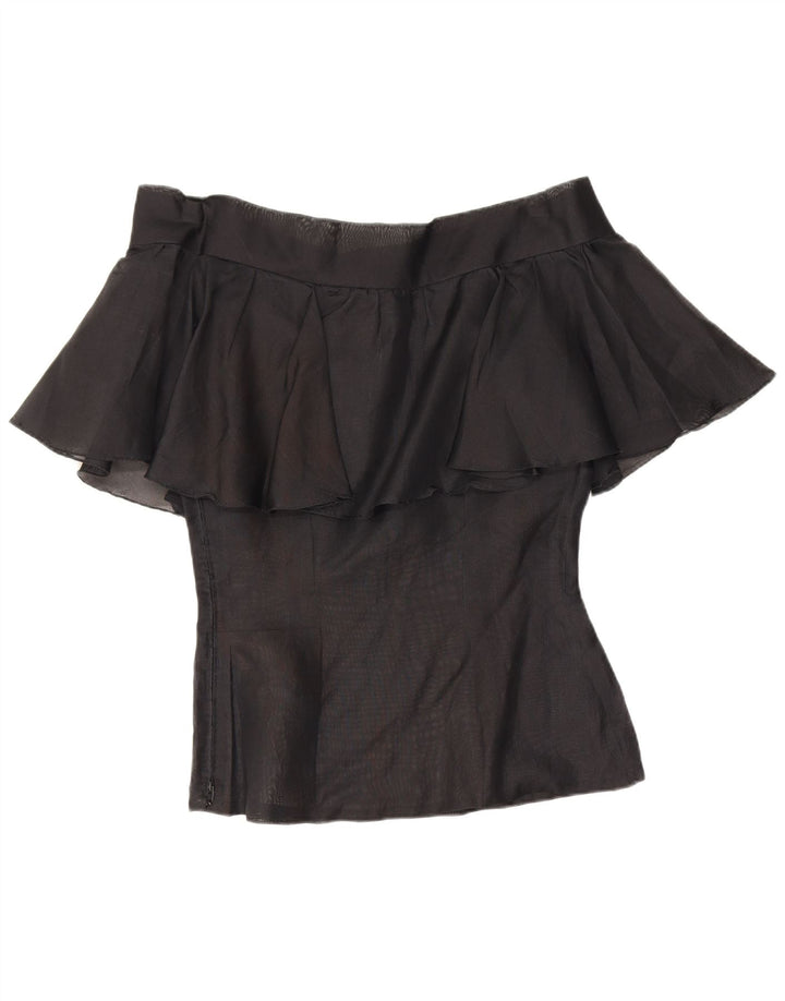 vintage Femmes Hors Épaule Top UK 10 Petit Noir Floral