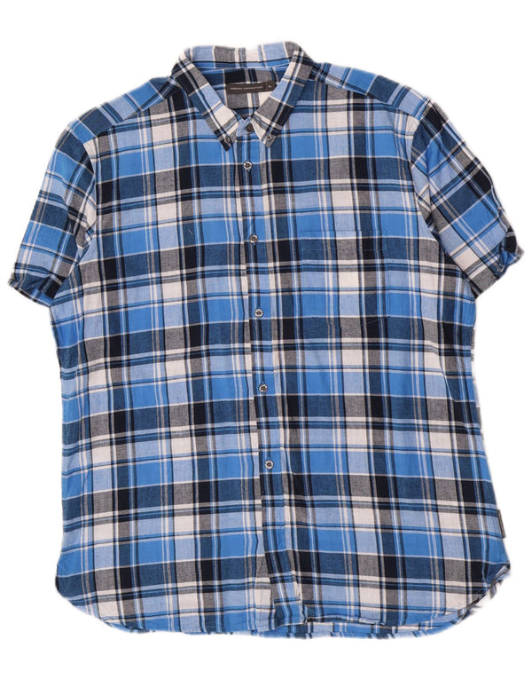 French Connection Chemise à Manches Courtes Homme XL Bleu Carreaux Coton