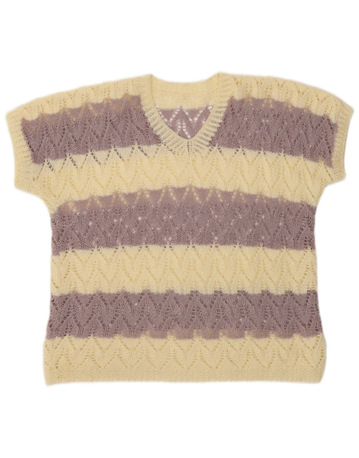 VINTAGE Femmes Crop Manches Courtes Col en V Pull UK 16 Grand Violet