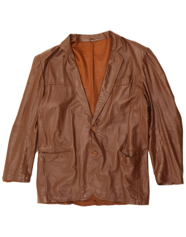 vintage Homme 2 Boutons Veste Blazer En Cuir UK 40 Grand Marron
