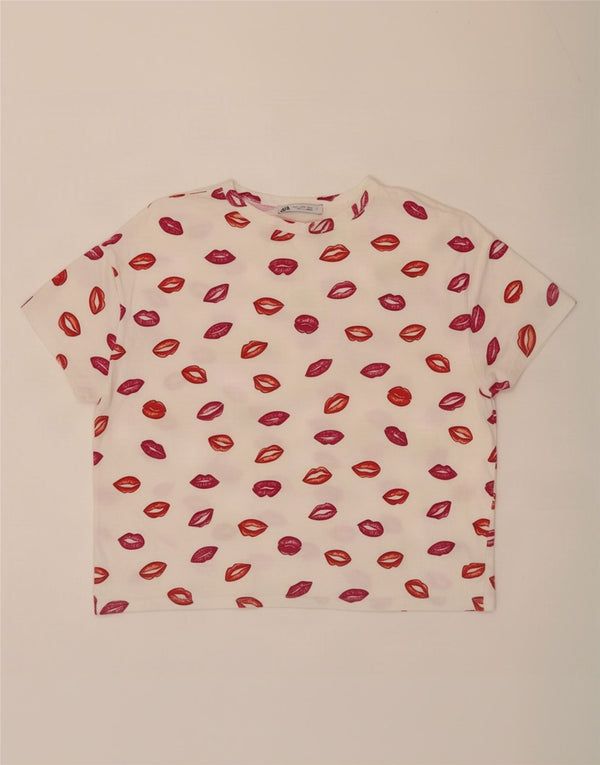 Zara Womens Crop Graphic T-Shirt Top UK 10 Petit Blanc