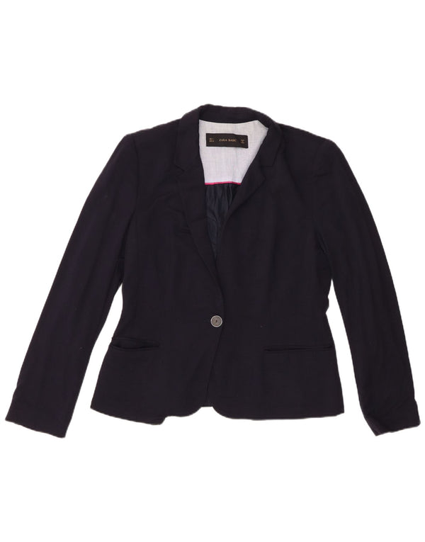 Zara Veste Blazer 1 Bouton Femme UK 14 Large Bleu Marine Viscose