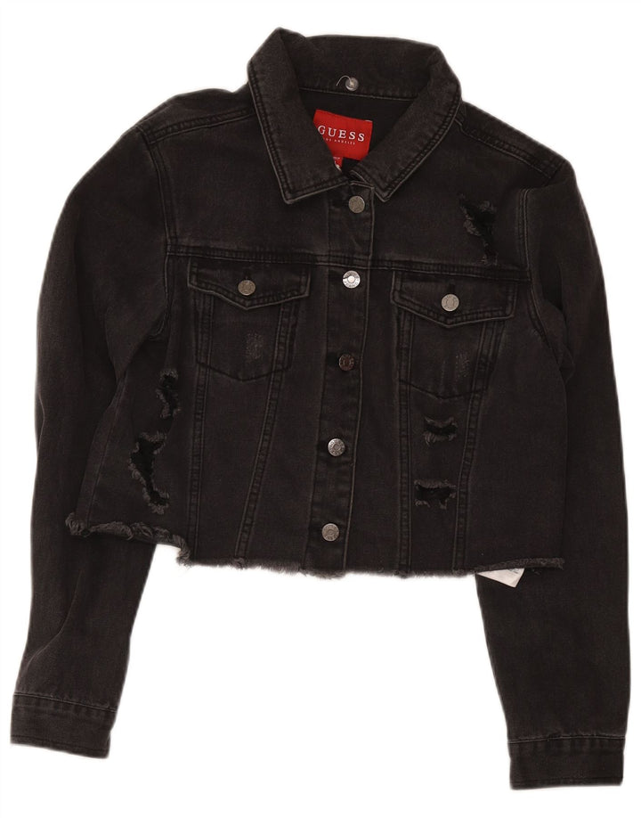 Guess Veste en jean courte en détresse pour femme UK 12 Coton noir moyen