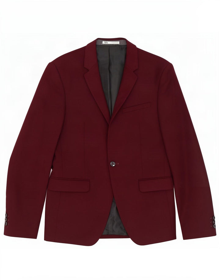 Zara Veste Blazer 1 Bouton Homme EU 48 Polyester Bordeaux Moyen
