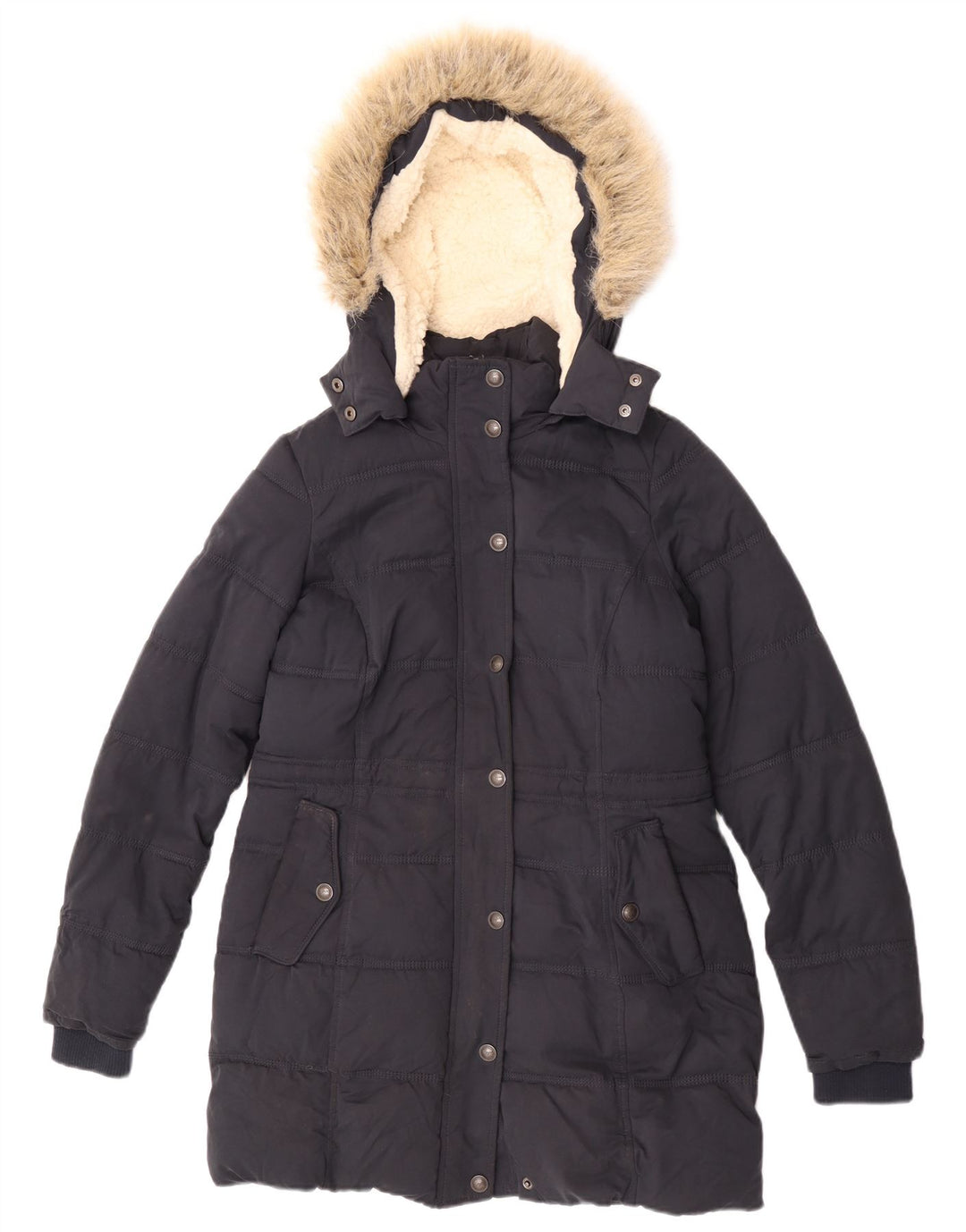 Fat Face Manteau rembourré Sherpa à capuche pour femme UK 8 Small Bleu marine Polyester